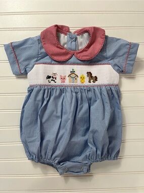 Blue Gingham Smocked Farm Animal Baby One-Piece Footie with Red Collar
